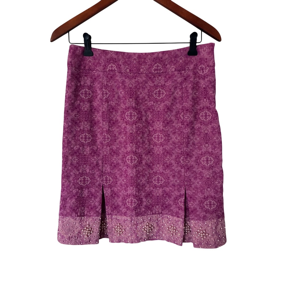 Kenzie Purple Damask Mini Skirt Pearl Beaded Lace Hem Y2k Cottagecore Size 6
